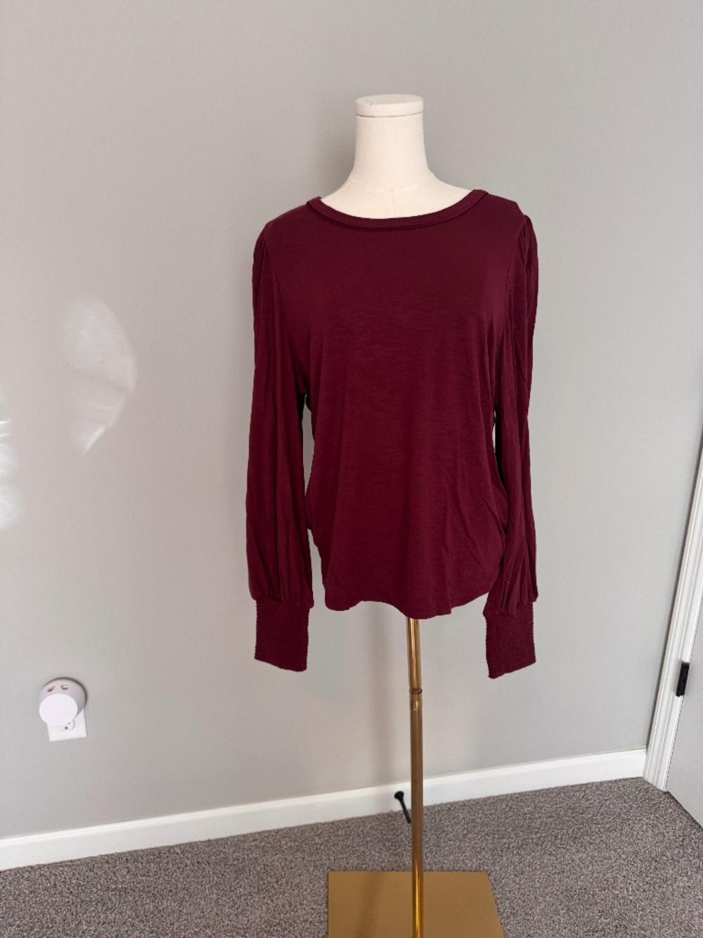WHBM Burgundy Balloon Sleeve Top Smocked Cuffs Size L NWT
